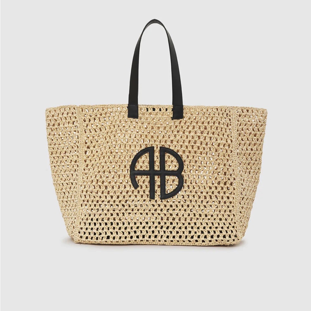 Anine Bing Natural Straw Tote with Black Logo and Handles